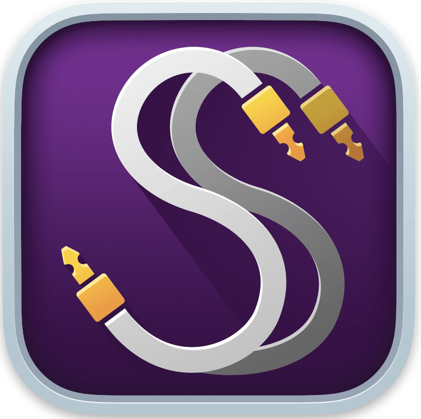 A Purple And White Icon With Two Cables Representing Sound Siphon For Macos.