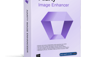 A Product Box For &Quot;Aiarty Image Enhancer&Quot; By Digiarty. The Box Is White With Purple Accents And Features A Geometric Shape. It Includes Text Highlighting Its Ability To Enhance And Restore Images. The Software Shop Logo, A Windows Compatibility Icon, And The Appdoze Endorsement Are Also Shown.