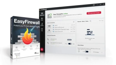 The Image Showcases The Abelssoft Easyfirewall Software Packaging And Interface. The Box On The Left Features A Fiery Shield Icon With Text Stating &Quot;Easyfirewall 2024: Protects Your Pc From Attacks Or Spying.&Quot; The Software Interface On The Right Displays Firewall Status And Connection Details.