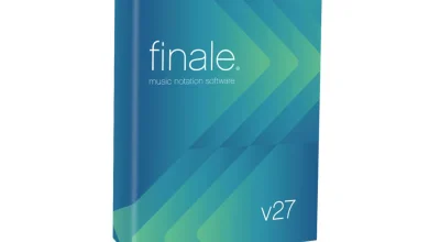 A 3D Box Image Of Makemusic Finale V27 Music Notation Software. The Box Features A Gradient Of Blue And Green Diagonal Lines And Has The Text &Quot;Finale. Music Notation Software&Quot; And &Quot;V27&Quot; Prominently Displayed.