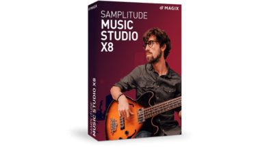 Box Cover Of Magix Samplitude Music Studio X8, Featuring A Man Playing A Bass Guitar Against A Dark Red Background. The Title &Quot;Magix Samplitude Music Studio X8&Quot; Is Prominently Displayed At The Top.