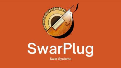 Logo For Swarplug V4.6 By Swar Systems On A Burnt Orange Background. The Design Features A Stylized, Circular Musical Instrument With Strings, Resembling A Sitar Or Similar Instrument, Above The Text &Quot;Swarplug&Quot; In Large White Font And &Quot;Swar Systems&Quot; In Smaller White Font.