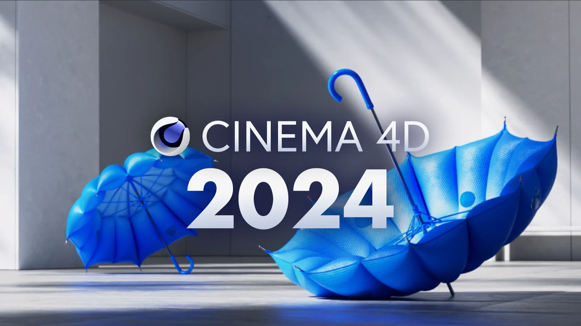 Two Blue Umbrellas, One Standing And The Other Inverted, Are Set Against A Modern Architectural Backdrop With Light Streaming In. The Text &Quot;Maxon Cinema 4D V2024.5.1&Quot; Is Prominently Displayed In The Foreground.