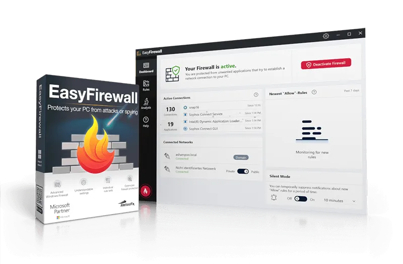 The Image Showcases The Abelssoft Easyfirewall Software Packaging And Interface. The Box On The Left Features A Fiery Shield Icon With Text Stating &Quot;Easyfirewall 2024: Protects Your Pc From Attacks Or Spying.&Quot; The Software Interface On The Right Displays Firewall Status And Connection Details.