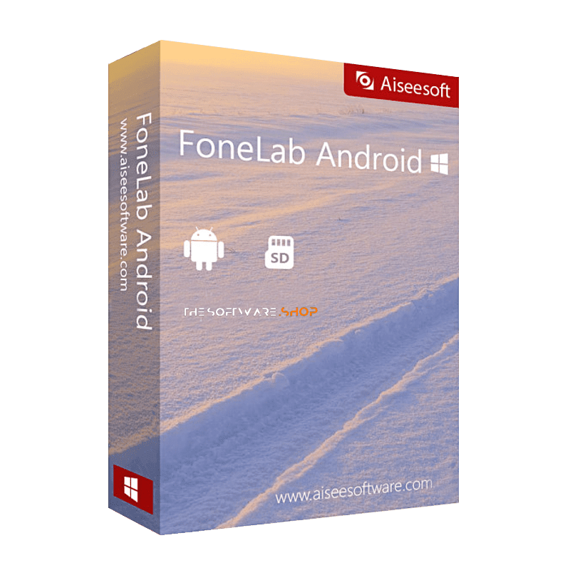 The Image Showcases A 3D-Rendered Software Box For &Quot;Aiseesoft Fonelab Android&Quot; By Aiseesoft. The Primarily Blue Box Features Icons For Android And An Sd Card, Along With The Text &Quot;The Software Shop&Quot; And The Website &Quot;Www.aiseesoftware.com&Quot;.