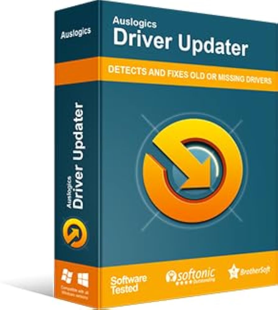 The Image Shows A Box Of Auslogics Driver Updater Software. The Packaging Is Primarily Orange And Green With A Circular Yellow Arrow Symbol. Text On The Box Reads &Quot;Detects And Fixes Old Or Missing Drivers&Quot; And Includes Logos From Softonic And Brothersoft. No Signs Of Haxnode Or Crack Are Visible.