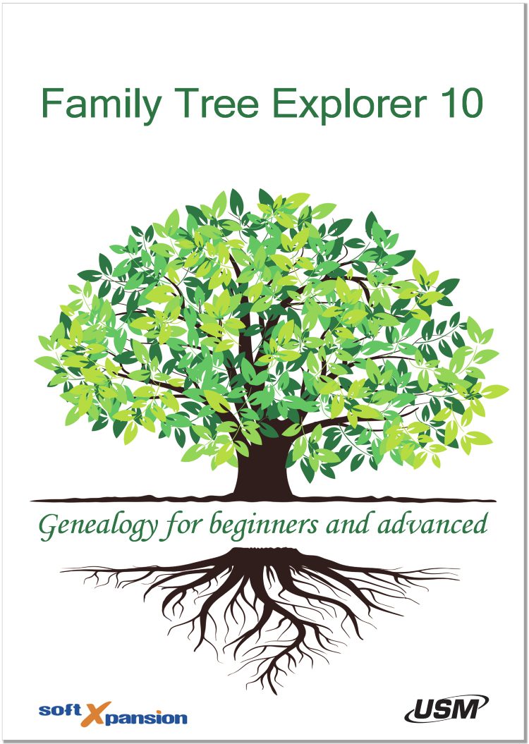 Cover Of &Quot;Family Tree Explorer 10 Premium&Quot; Showing A Large Tree With Green Leaves And Visible Roots, Symbolizing Family Lineage. Below The Tree, The Text Reads: &Quot;Genealogy For Beginners And Advanced.&Quot; Logos For Soft Xpansion And Usm, The Creators, Are At The Bottom.