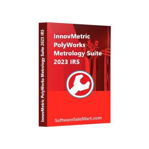 The Image Displays A Red Software Box For &Quot;Innovmetric Polyworks Metrology Suite 2023 Ir5.&Quot; A White Wrench Icon In A Red Circle Is Featured On The Front, With Text Indicating The Software Name And The Website &Quot;Softwaresalemart.com&Quot; At The Bottom.