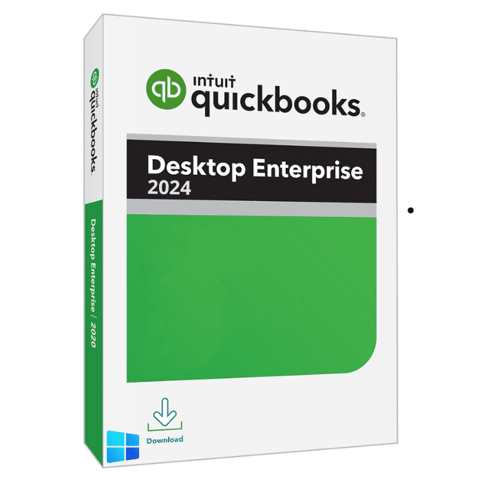 Image Of A Boxed Software Package For &Quot;Intuit Quickbooks Desktop Enterprise 2024&Quot;. The Box Is White And Green With The Quickbooks Logo At The Top, And A Download Icon And Windows Logo At The Bottom.