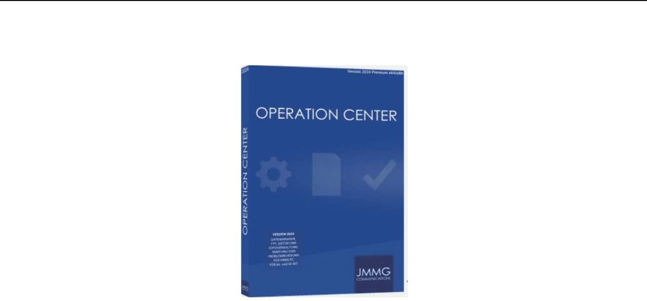 A Blue Software Box Labeled &Quot;Jmmgc Operation Center&Quot; From Jmmg Communications. The Box Features Faint Icons Of A Gear And A Document. Text On The Box Indicates It’s V2024.2 Premium Edition, Ensuring You Have The Latest Features And Enhancements.