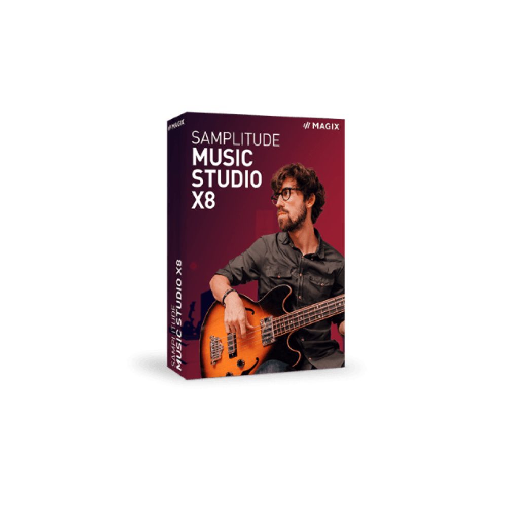 Box Cover Of Magix Samplitude Music Studio X8, Featuring A Man Playing A Bass Guitar Against A Dark Red Background. The Title &Quot;Magix Samplitude Music Studio X8&Quot; Is Prominently Displayed At The Top.