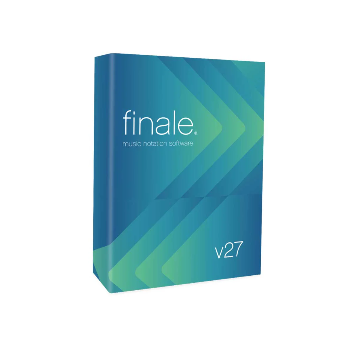 A 3D Box Image Of Makemusic Finale V27 Music Notation Software. The Box Features A Gradient Of Blue And Green Diagonal Lines And Has The Text &Quot;Finale. Music Notation Software&Quot; And &Quot;V27&Quot; Prominently Displayed.