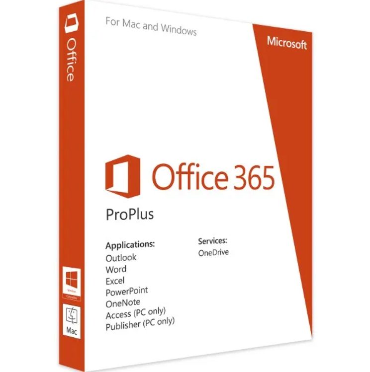 Image Of A Retail Box For Microsoft Office 365 Proplus. The Package Is White With Orange Accents And Features The Office 365 Logo. It Lists Applications Such As Outlook, Word, Excel, Powerpoint, Onenote, Access (Pc Only), And Publisher (Pc Only). &Quot;For Mac And Windows&Quot; Is Noted At The Top. Includes An Online Installer For Quick Setup.