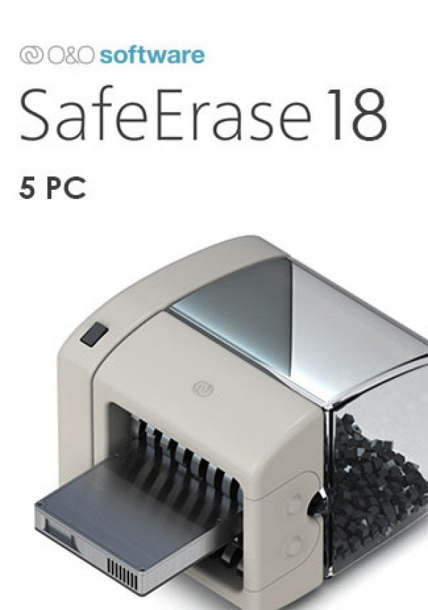 The Image Showcases The Professional Cover Of O&Amp;O Software'S Safeerase 18 Product For 5 Pcs. The Design Features A Detailed 3D Render Of A Shredding Machine With Shredded Black Pieces Inside, Symbolizing Data Destruction. The Product Is Labeled &Quot;O&Amp;O Safeerase 18&Quot; And &Quot;5 Pc&Quot; In Bold Letters.