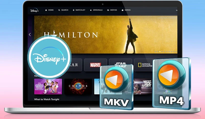 A Laptop Screen Displays The Disney+ Streaming Service Interface Showing The Musical &Quot;Hamilton&Quot; And Various Categories Like Pixar, Marvel, And National Geographic. Icons For Mkv And Mp4 Video File Formats Are Overlaid On The Screen, Hinting At Using Pazu Disney Plus Video Downloader For Offline Viewing.