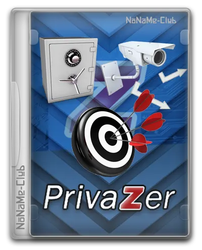 An Image For Privazer Pro Software. The Design Shows A Vault, Security Camera, And Bullseye Target With Red Darts, Symbolizing Security And Precision. The Background Includes Blue Arrows Indicating Movement Or Data Transfer. The Text &Quot;Privazer Pro&Quot; Is Displayed Prominently.