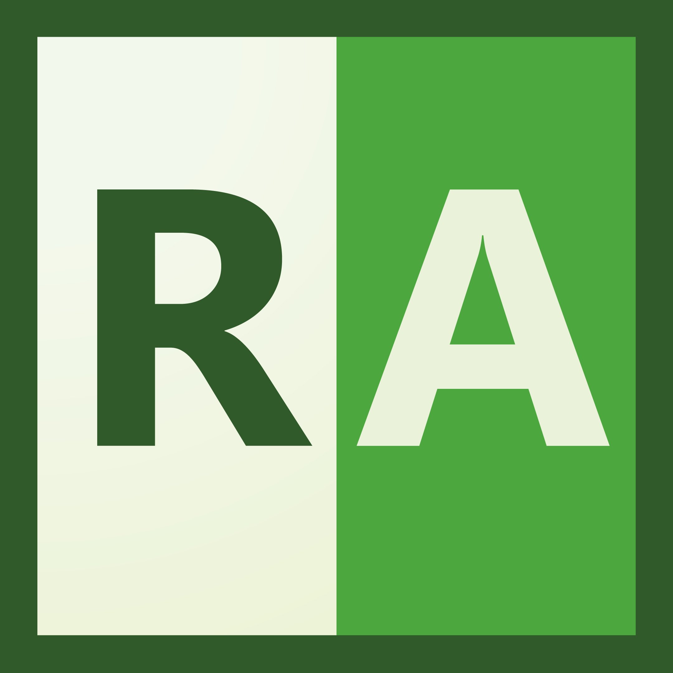 A Square Icon Split Into Two Vertical Halves. The Left Half Is White With A Large Green &Quot;R&Quot;, Representing Radiant Dicom Viewer V2024.1, And The Right Half Is Green With A Large White &Quot;A&Quot;. The Background Of The Entire Icon Has A Dark Green Border.