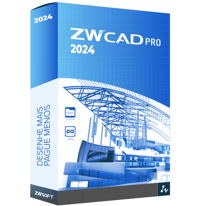 The Image Shows A Product Box For Zwcad Professional 2024, Designed By Zwsoft. The Box Features A Blue Color Scheme With Architectural Wireframe Drawings. The Text Reads &Quot;Desenhe Mais Pague Menos,&Quot; Which Translates To &Quot;Draw More, Pay Less.