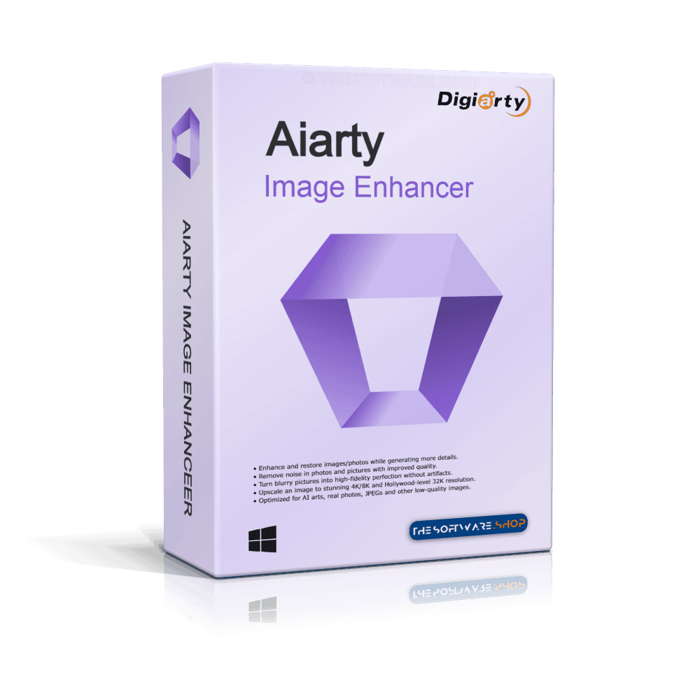 A Product Box For &Quot;Aiarty Image Enhancer&Quot; By Digiarty. The Box Is White With Purple Accents And Features A Geometric Shape. It Includes Text Highlighting Its Ability To Enhance And Restore Images. The Software Shop Logo, A Windows Compatibility Icon, And The Appdoze Endorsement Are Also Shown.